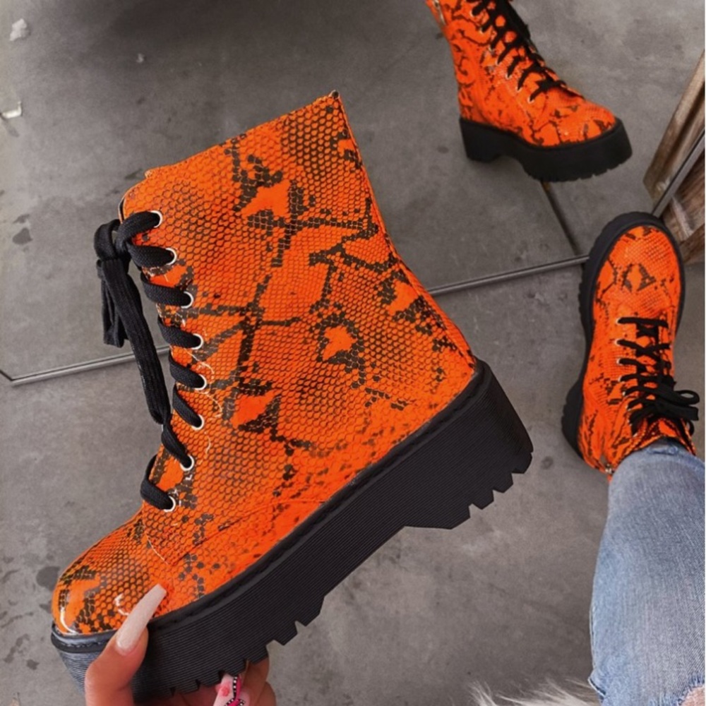 Neon orange snake combat boot
